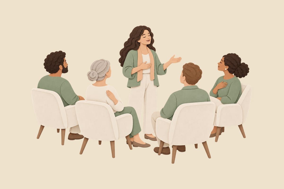 איור נייר חתוך: מנחה עומדת ומדברת אל קבוצה היושבת במעגל של כורסאות